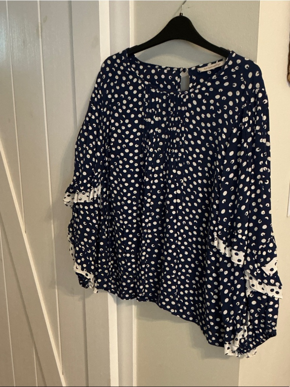 Soft Surroundings Navy Polka Dot Ruffle Pintuck Blouse